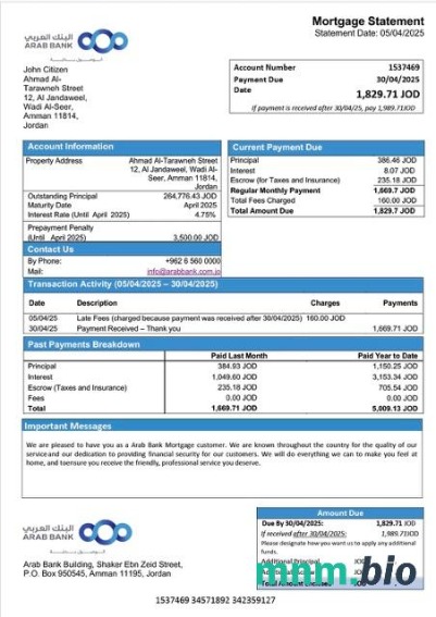 Jordania Bank Arabski wyciąg z kredytu hipotecznego szablon Word i PDF